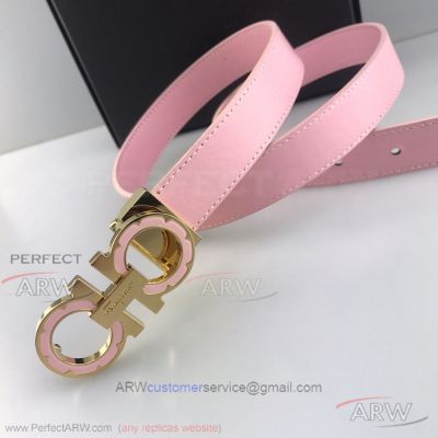 AAA Salvatoye Ferragamo 2.5cm Women's Pink Leather Belt - Gold Double Gancini Buckle